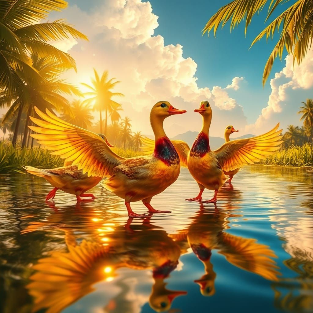 Iridescent Ducks Dance on Water Canal in Tropical Paradise