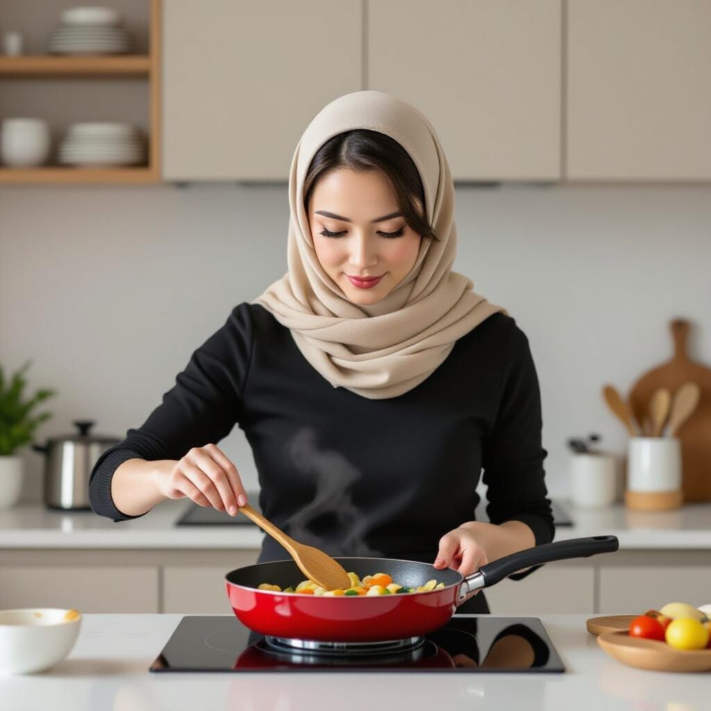 Woman Cooking in Minimalist Kitchen, Animated Style
