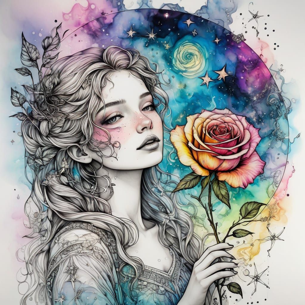 Ethereal Beauty Amidst Fractal Rainbow Haze, Pen and Ink