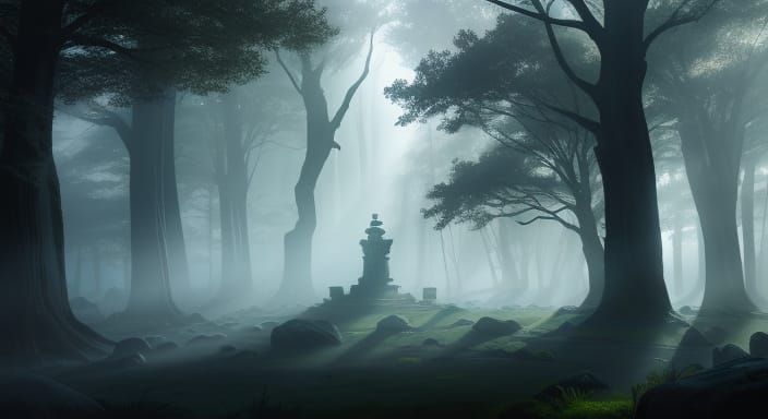 Mysterious Stone in Ancient Forest - Epic Digital Painting