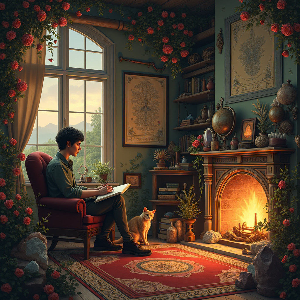 Mystical Living Room Scene with Roses and Cats
