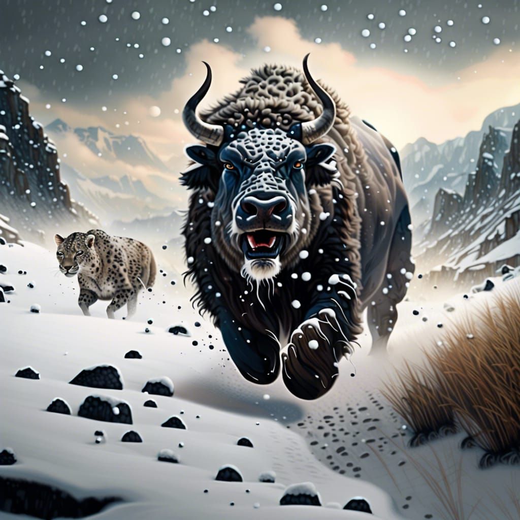 Water Buffalo Chase in Snowy Mountains