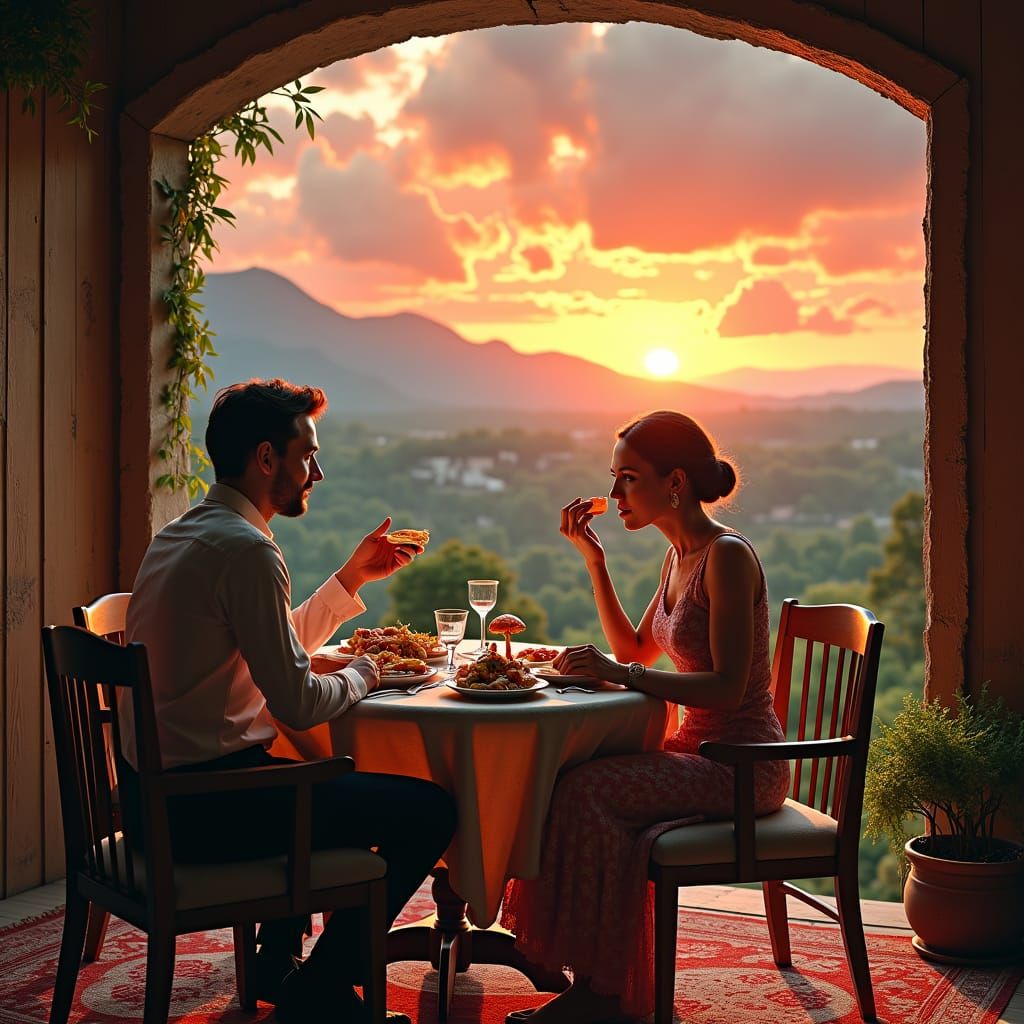 Elegant Lady Savoring Mushrooms in Cozy Sci-Fi Home