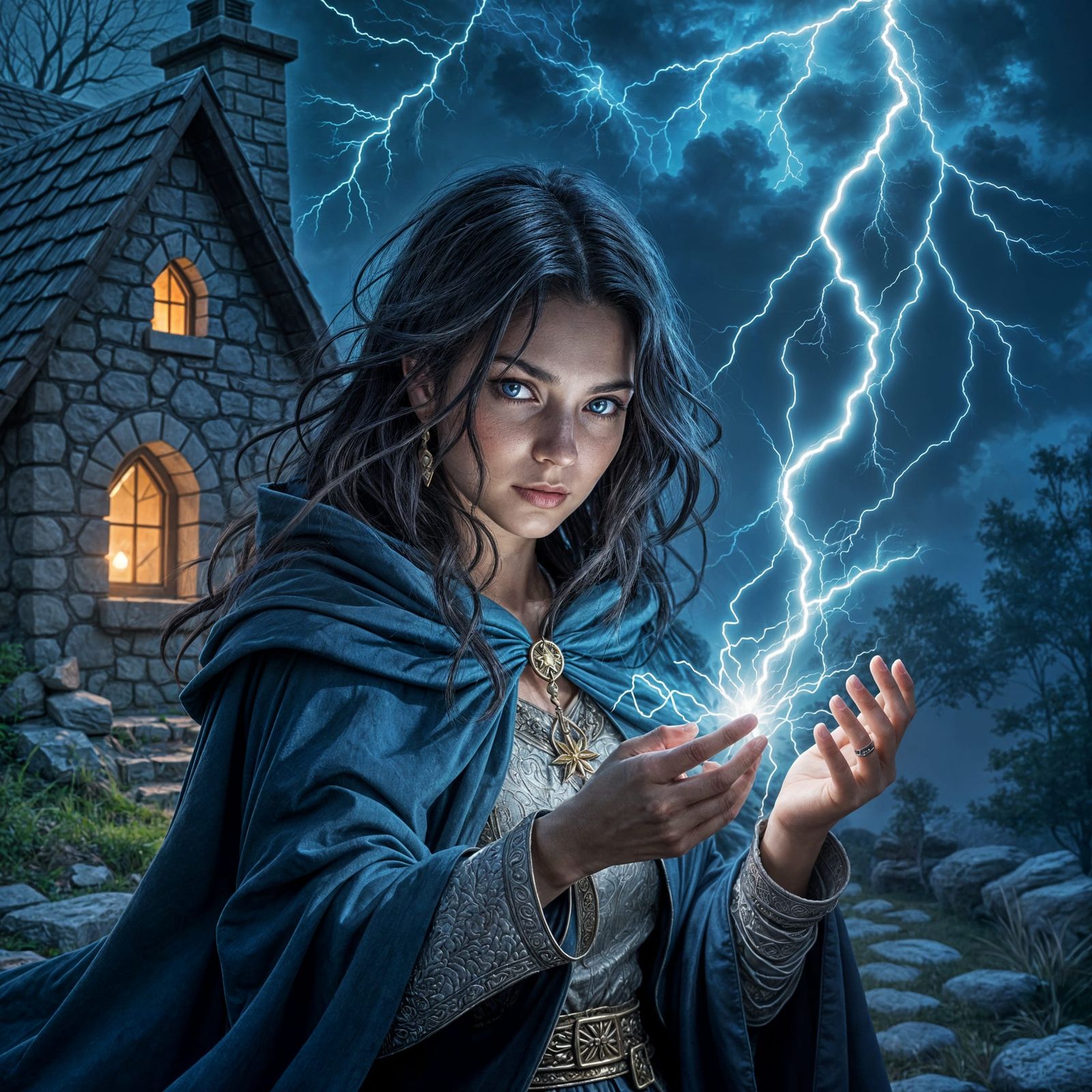 Fantasy Woman Weaves Lightning Tapestry