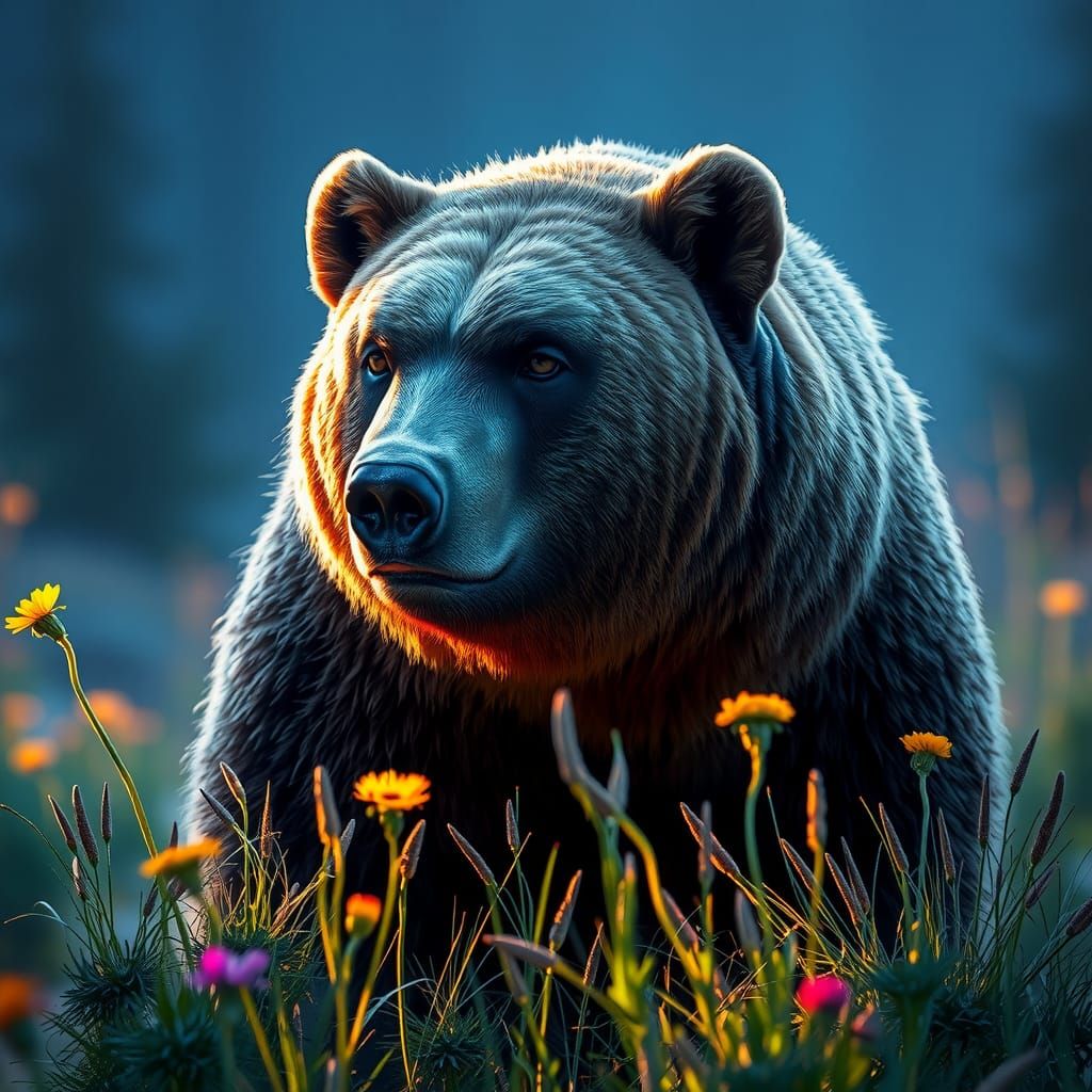 Grizzly Bear Portrait in a Serene Meadow