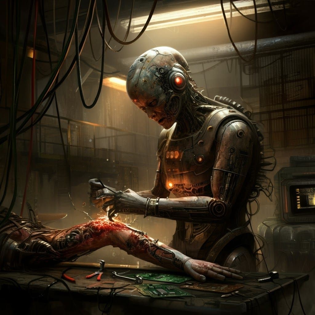 Cyborg Self-Repair in Gritty Post-Apocalyptic Workshop
