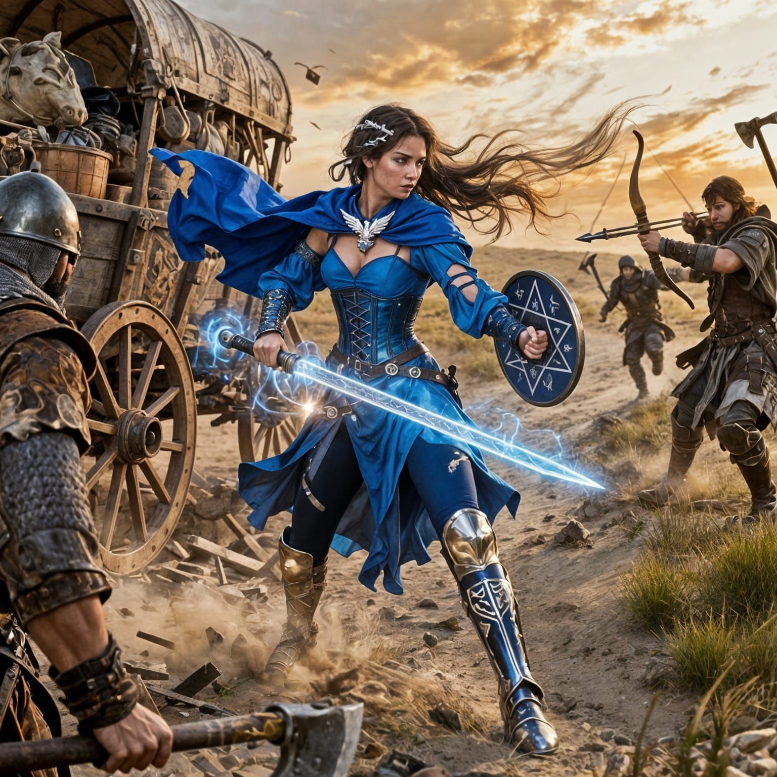 Fantasy Warrior Defends Supply Wagon on Battlefield