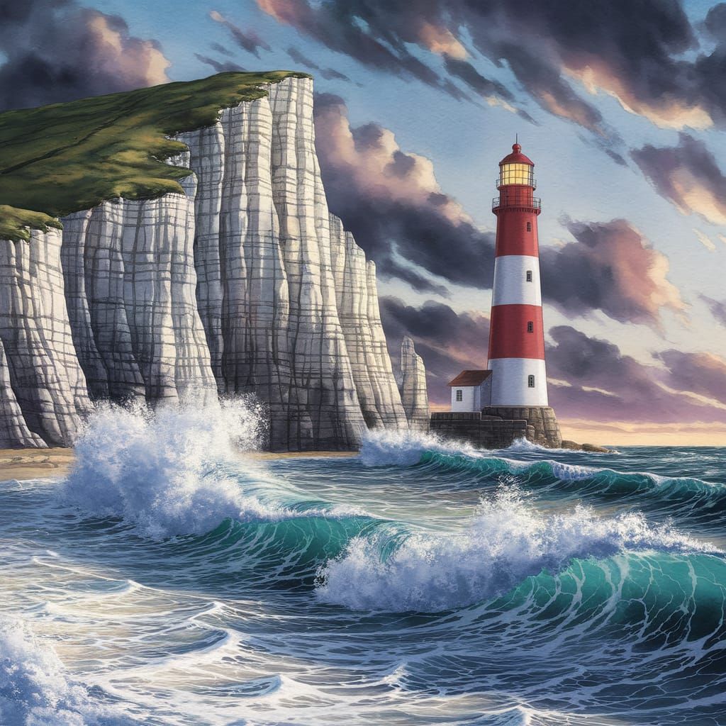 Dramatic Watercolor Lighthouse Amidst Turbulent UK Coastline