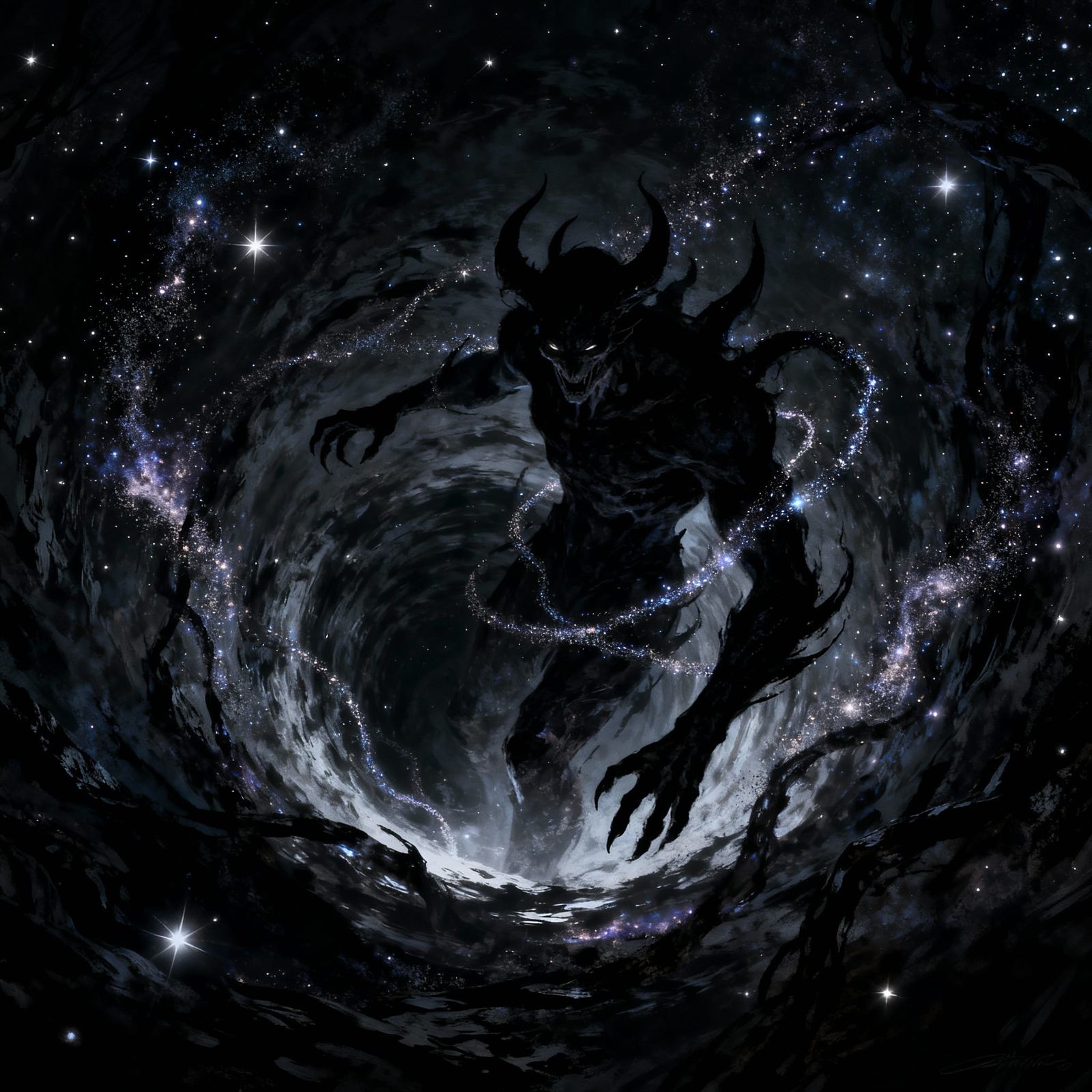 Demonic Figure Emerges From Dark Vortex in High-Contrast Sty...