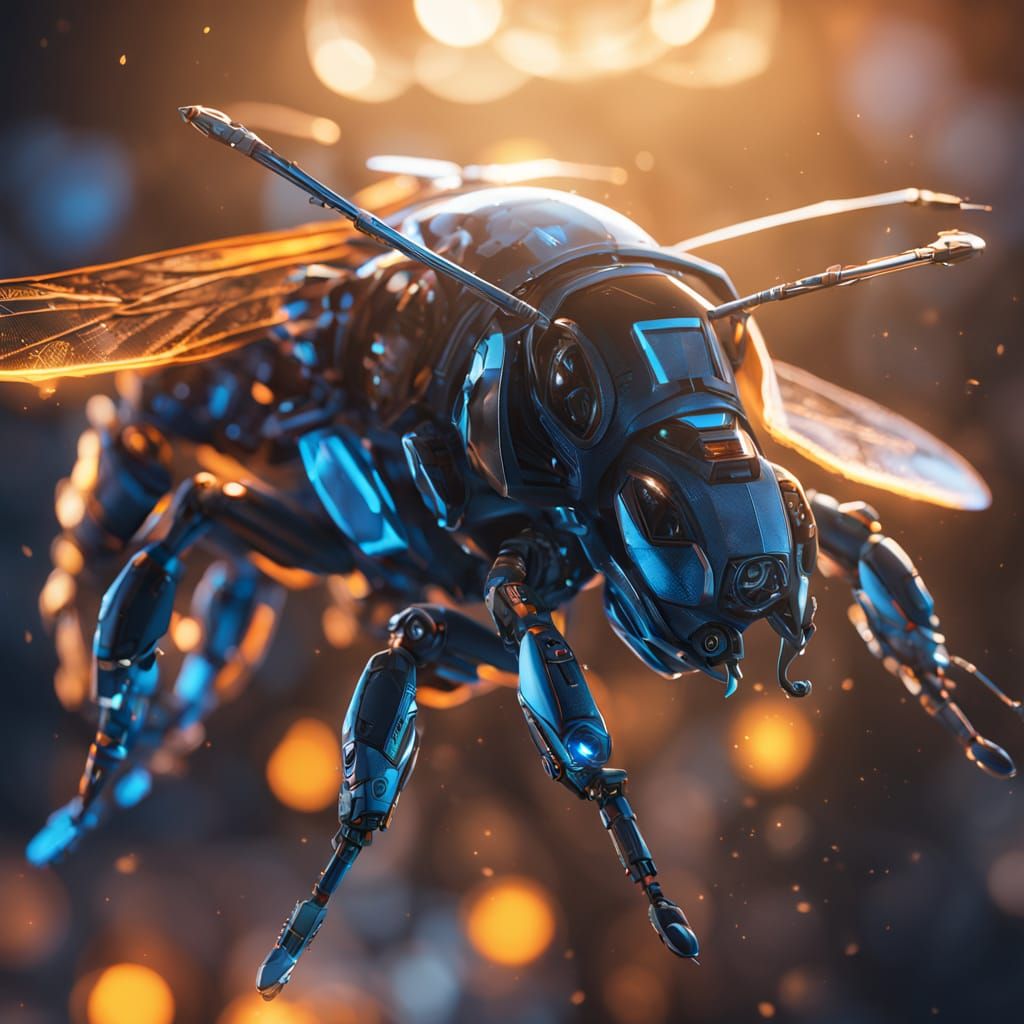 Biomechanical Bubble Bee in Cyberpunk Aesthetic