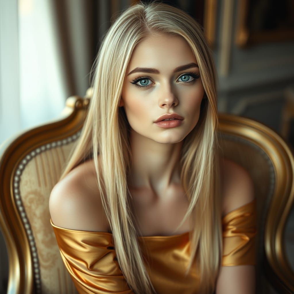 Ukrainian Beauty Queen in Gold Silk Dress