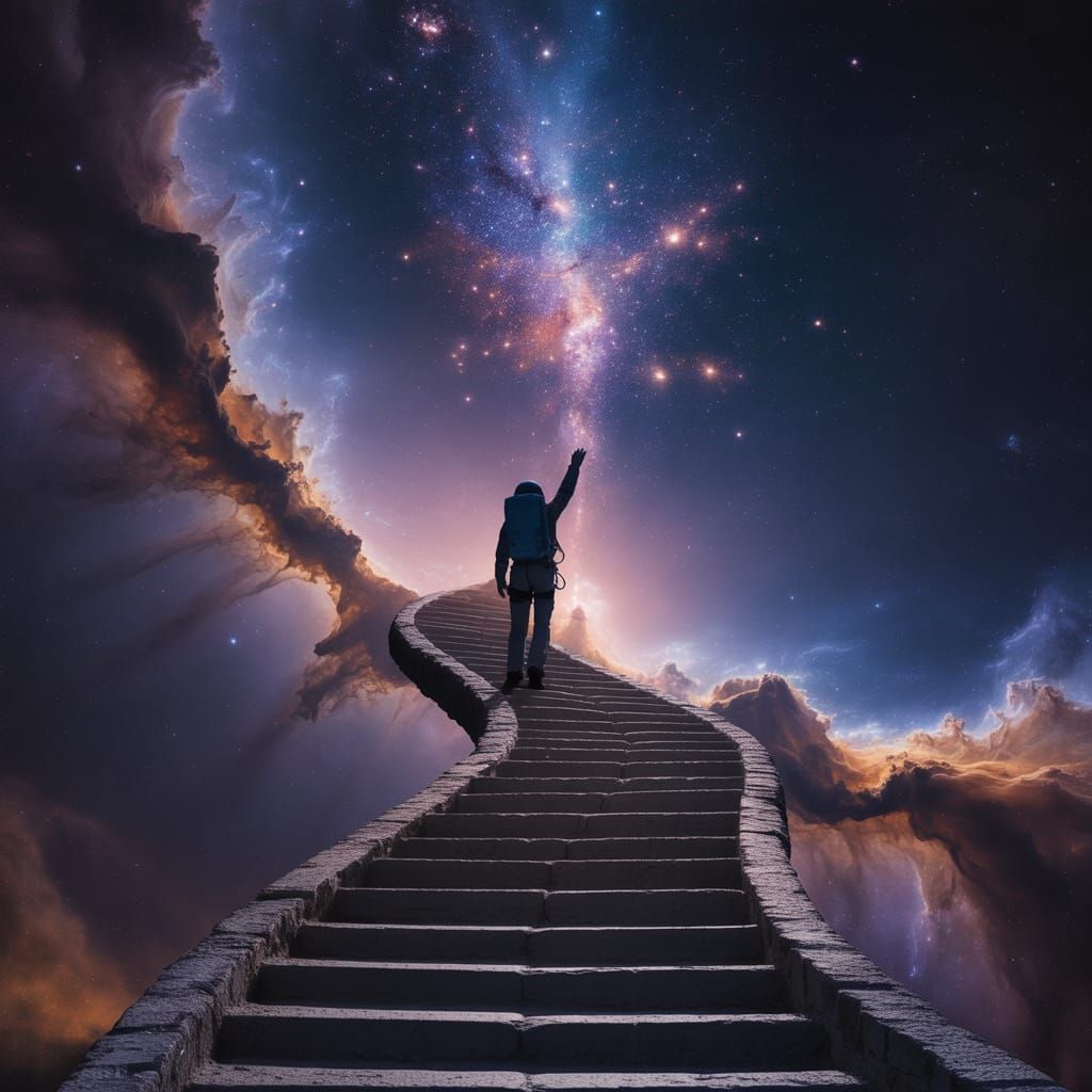 Cosmic Stairway: Climber Reaches for Stars in Space