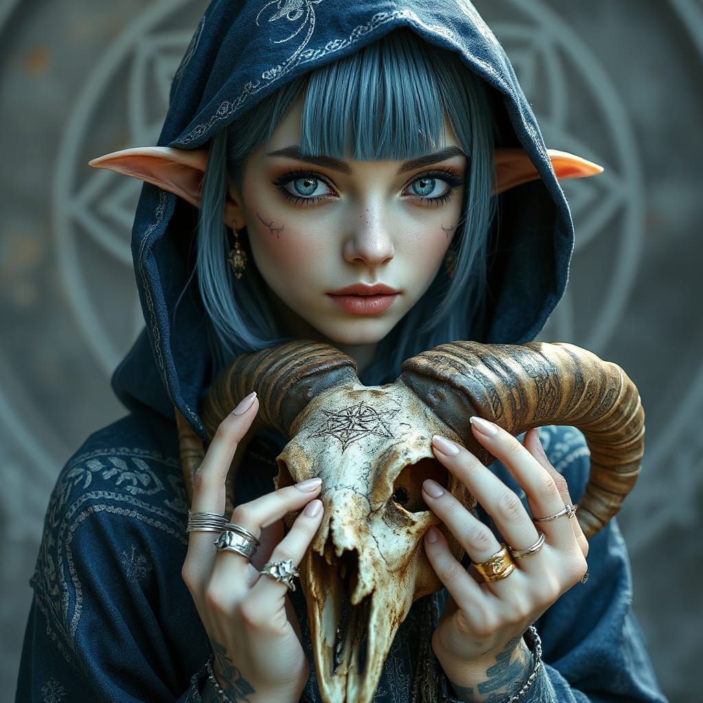 Elven Shamaness with Ancient Ram Skull in Mystical Surroundi...
