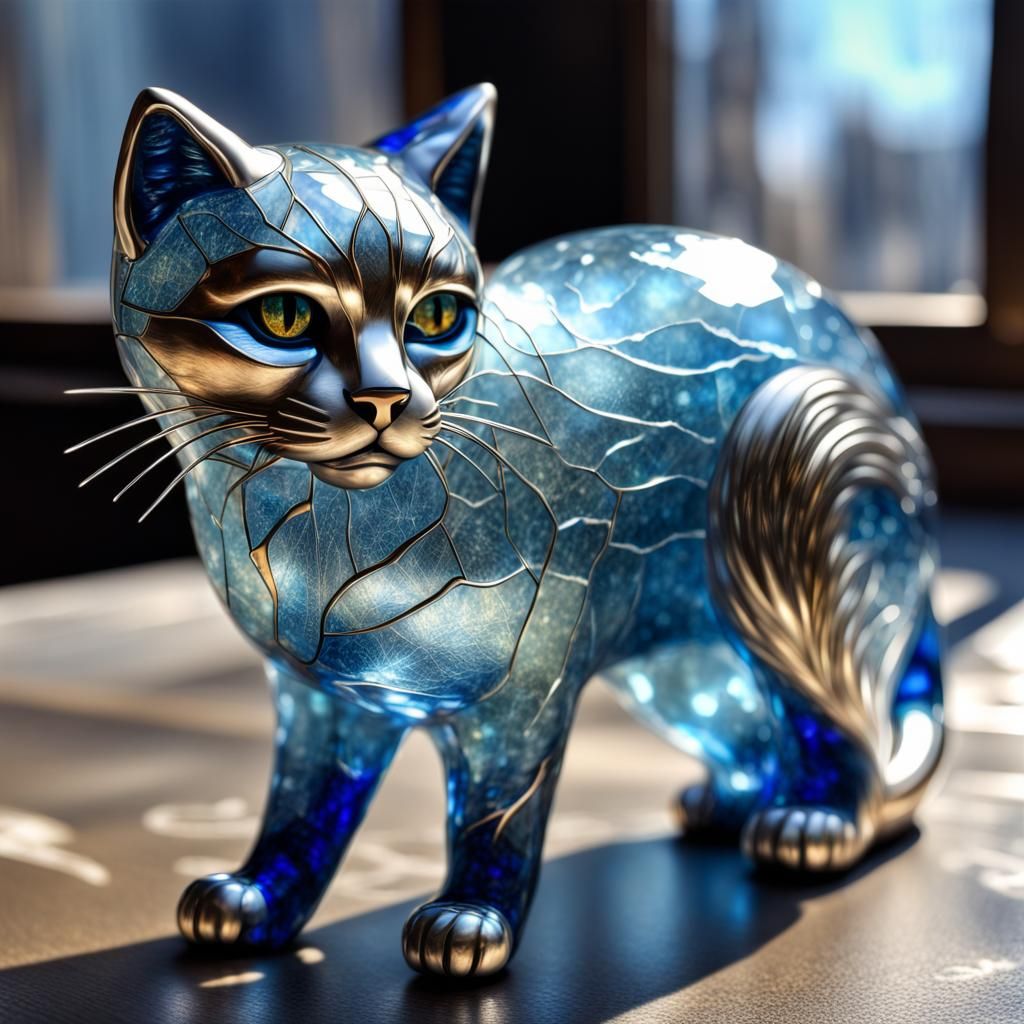 Cracked Glass Cat with Gold Flickers