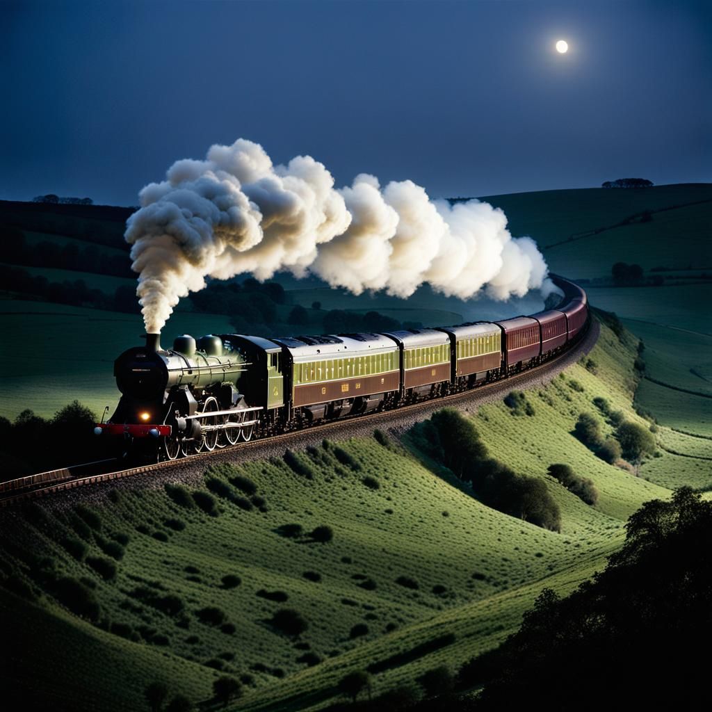 Moonlit Steam Train Through English Countryside
