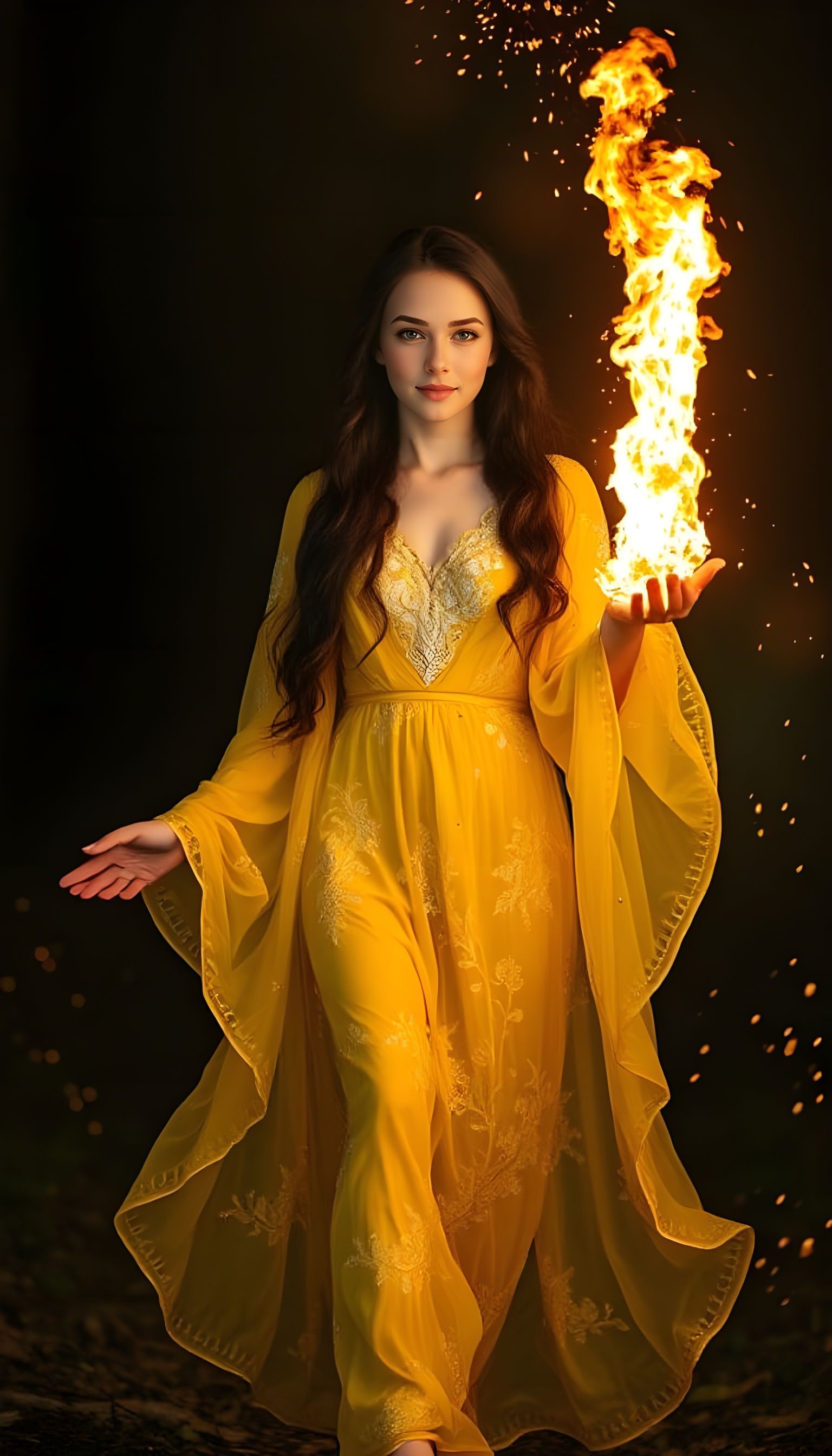 Woman with Magic Fire in Dark Forest