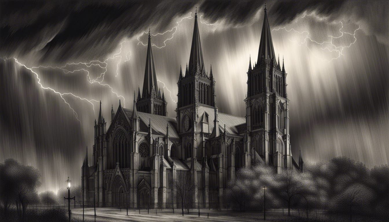 Damaged Cathedral Spires in Charcoal Drawing