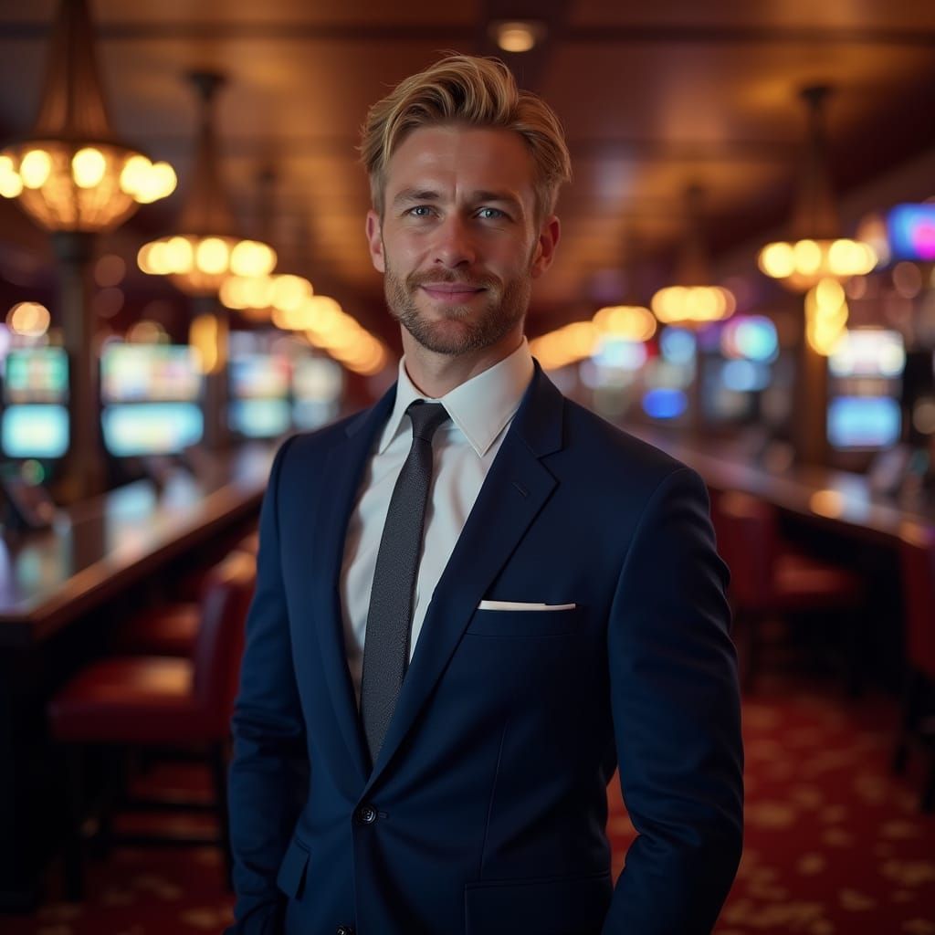 Handsome Man in Blazer at Glamorous Casino
