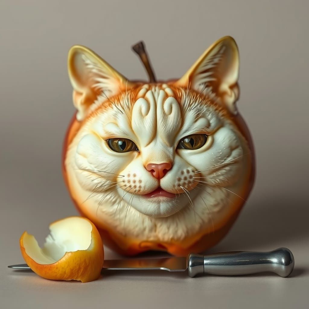 Surreal Apple Sculpture of a Serene Cat