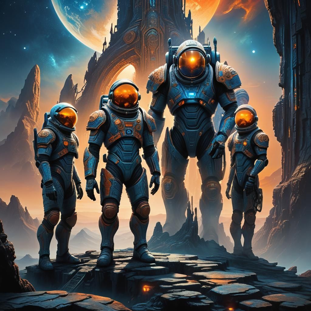 Astronauts on Ancient Alien Structure at Sunset