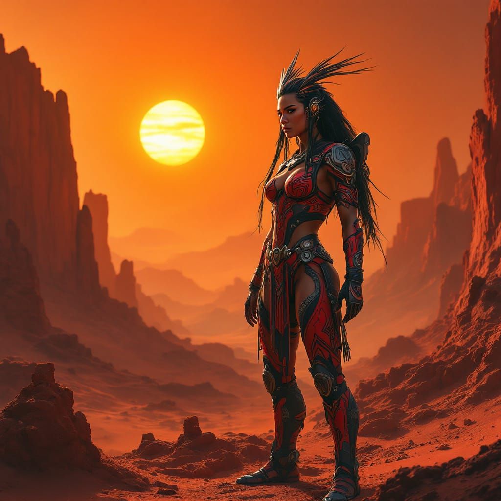Polynesian Warrior Woman on Mars in Sci-Fi Style