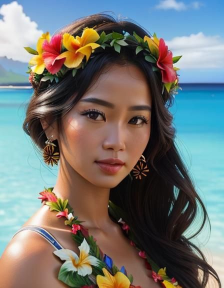 Hyperrealistic Hawaiian Woman with Floral Wreath