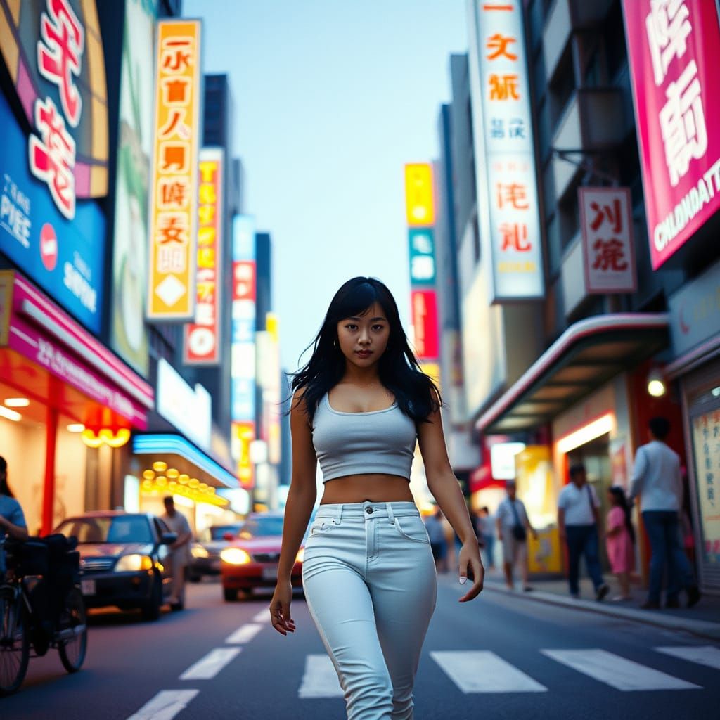 Cute Japanese Woman on Neon Tokyo Street, 80s Style