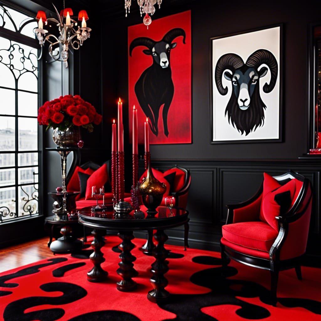 Aries themed penthouse with red walls& black frames& fire tapestries& fire posters& Aries posters&Aries tapestries& Red ...