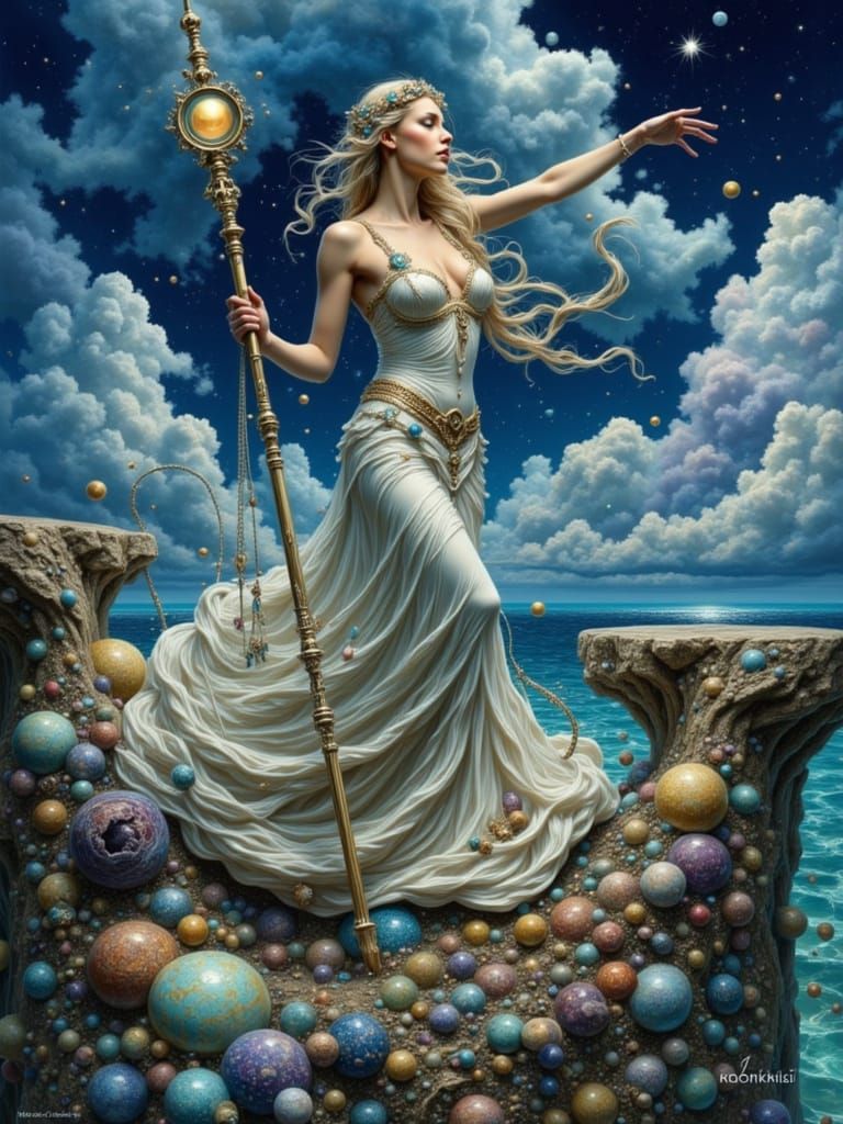 Water Goddess Surrounded by Rainbow Droplets in Hyperrealism