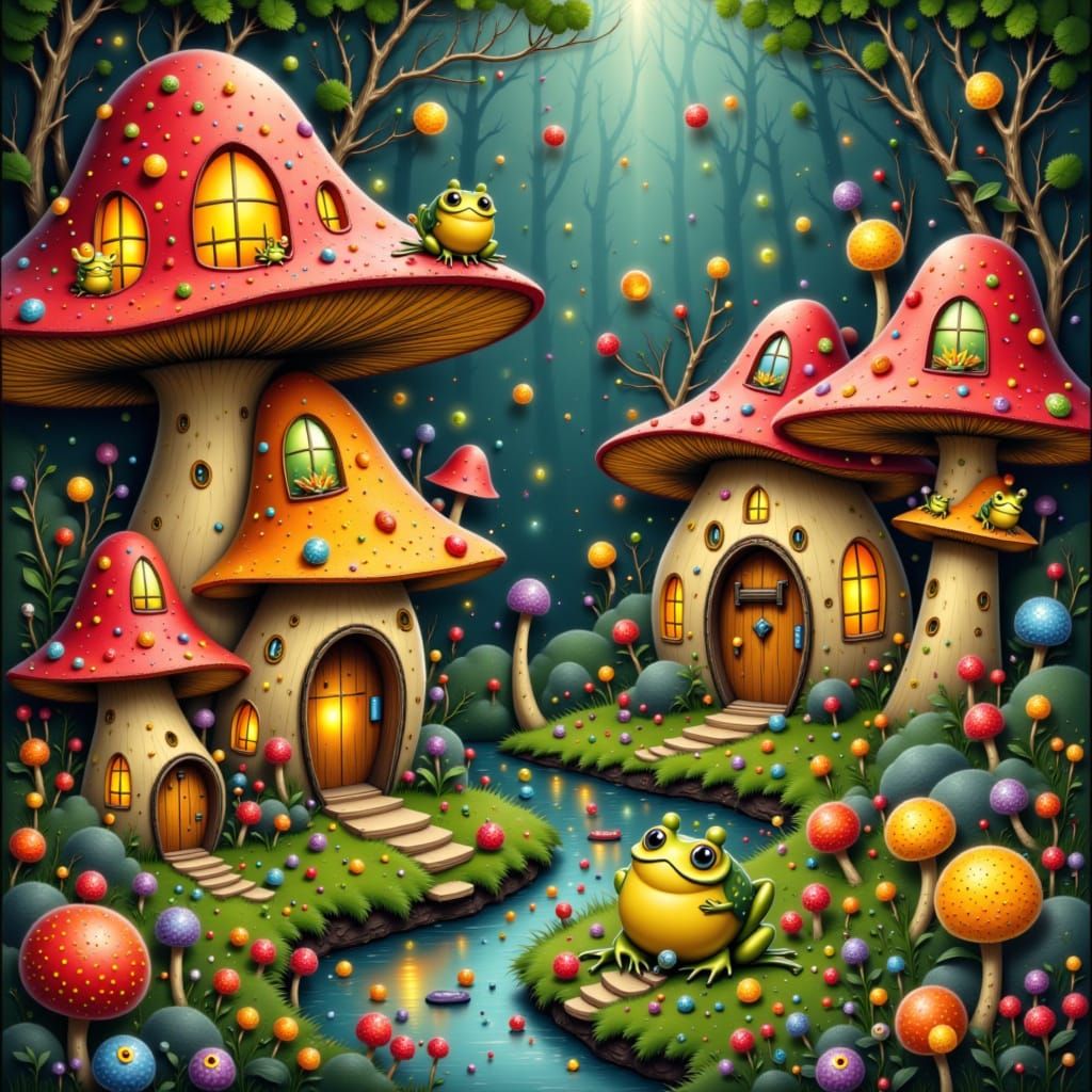 Whimsical Mushroom Village with Charming Frogs