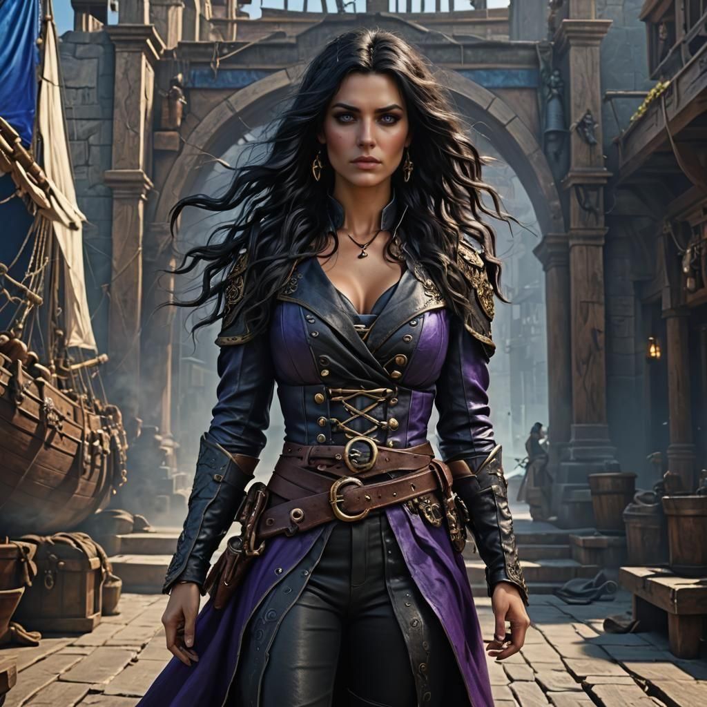 Menacing Female Pirate Captain in Detailed Matte Painting