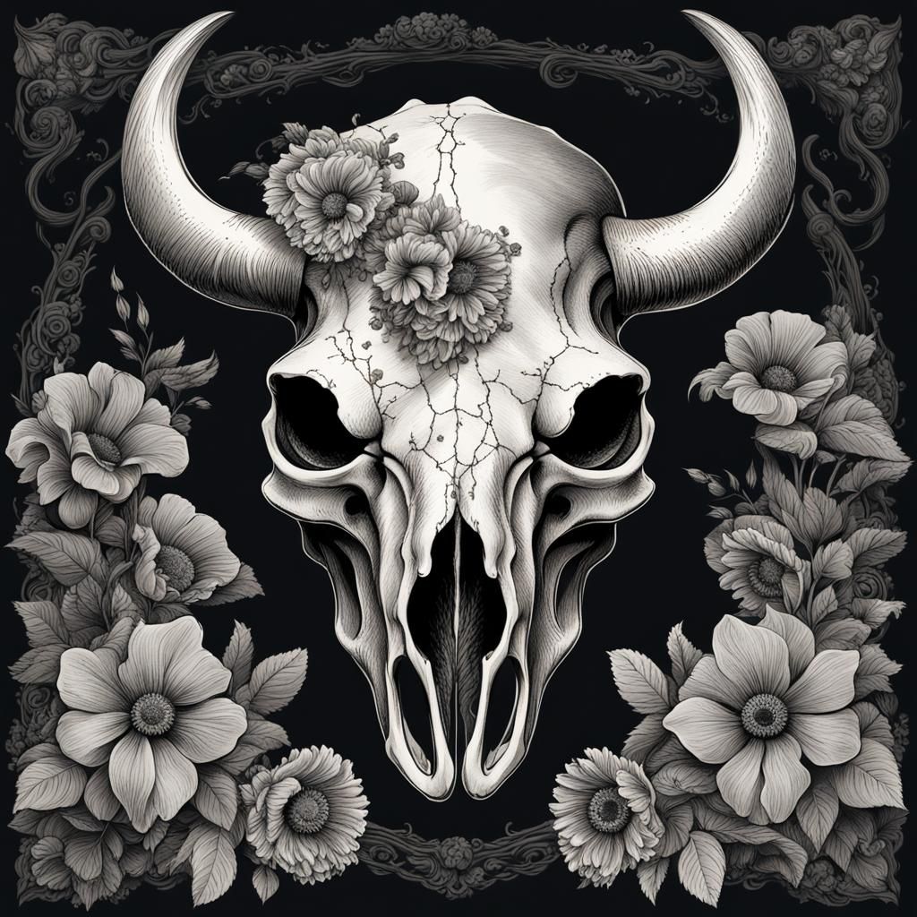 Gothic Buffalo Skull with Dark Flowers