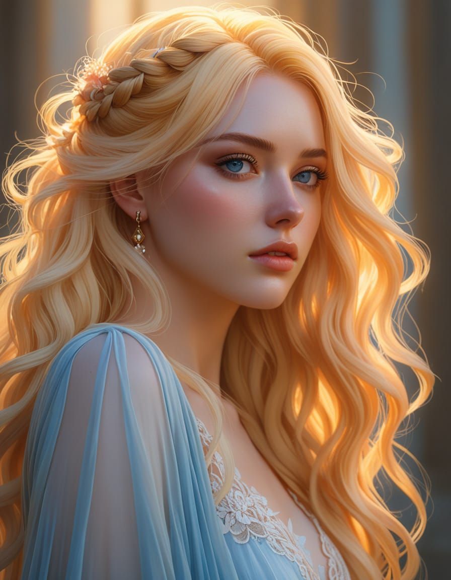 Anime Art: Blonde Woman with Pink Hair in Ethereal Dress