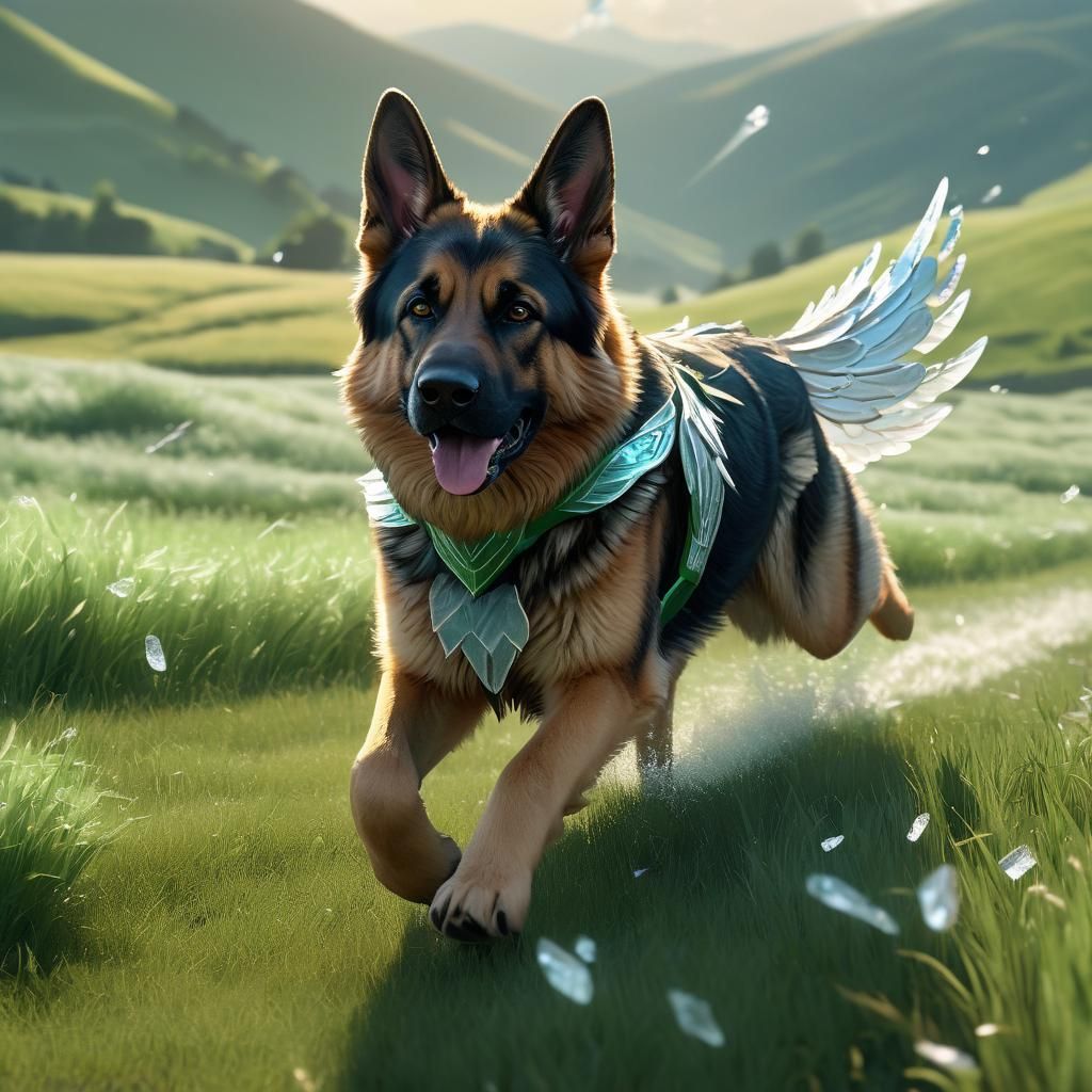 German Shepherd with Ice Wings in Anime Style
