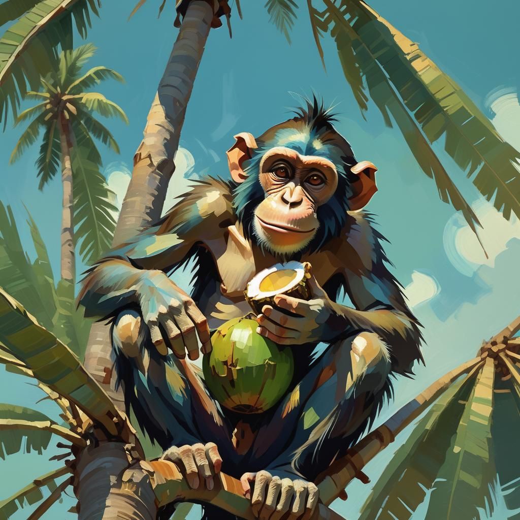 Happy Monkey in Palm Tree: Expressionist Gouache Painting