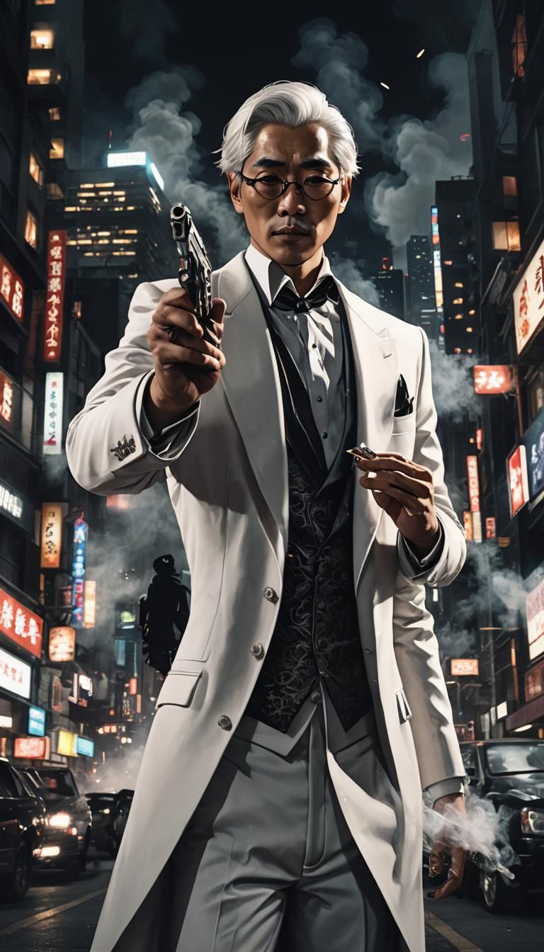 Cinematic Asian Man with Gun in Neon Cityscape