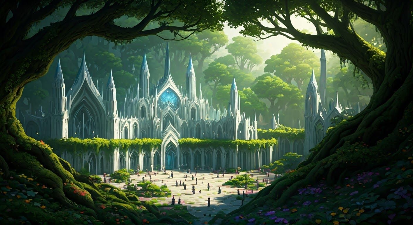 Majestic Elven City Amidst Vibrant Forest Landscape