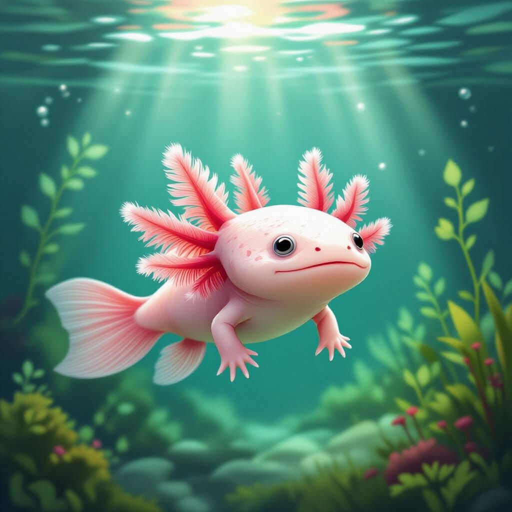Vibrant Axolotl in Dappled Freshwater Habitat