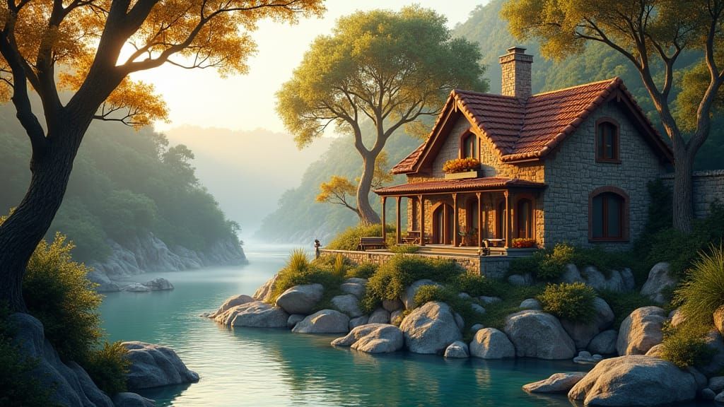 Whimsical House by River at Sunset in Matte Painting Style