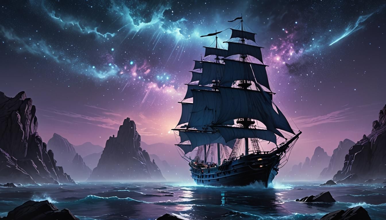 Blue Ghost Ship Amidst Rocky Sea, Cinematic Art