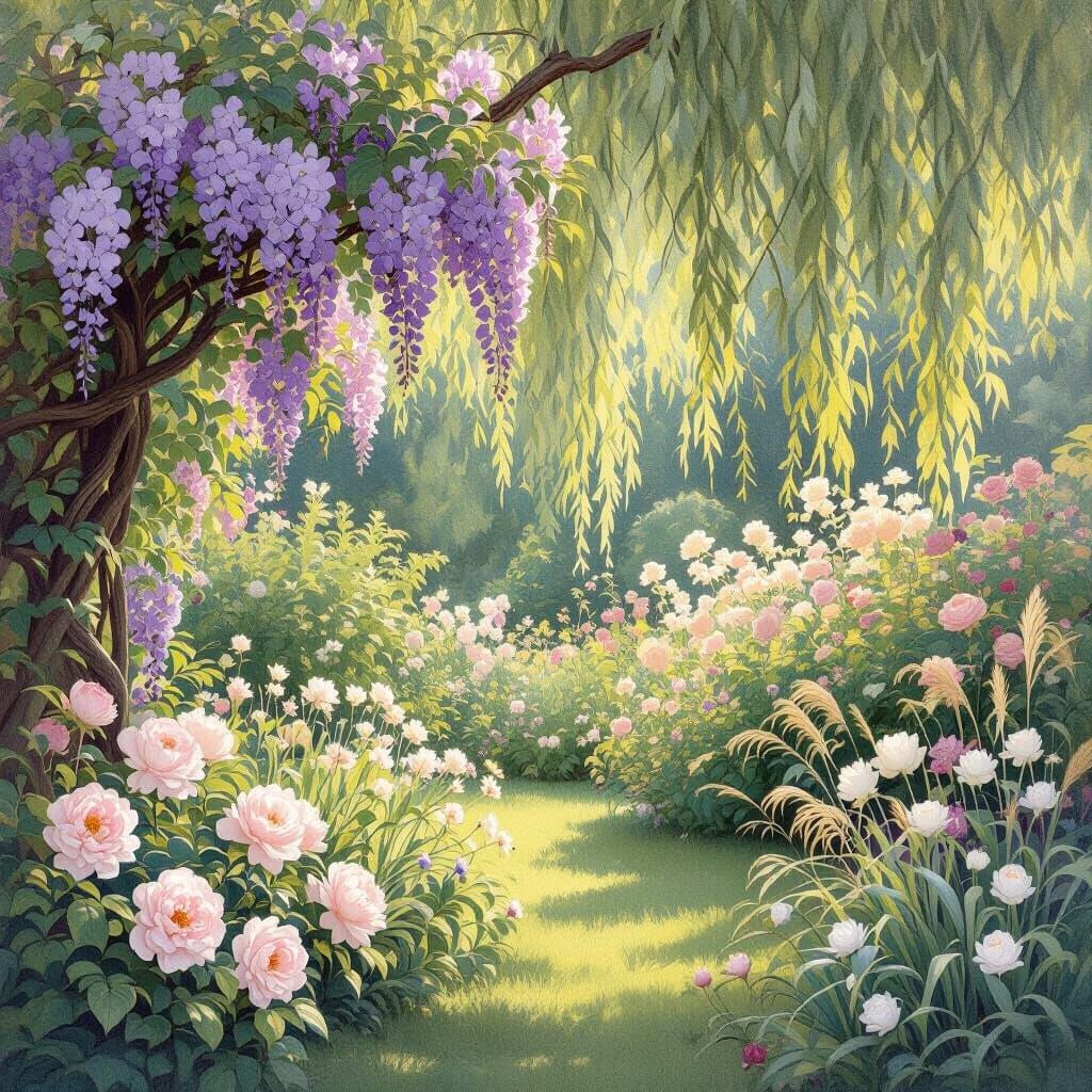 Art Nouveau Garden with Wisteria and Peonies