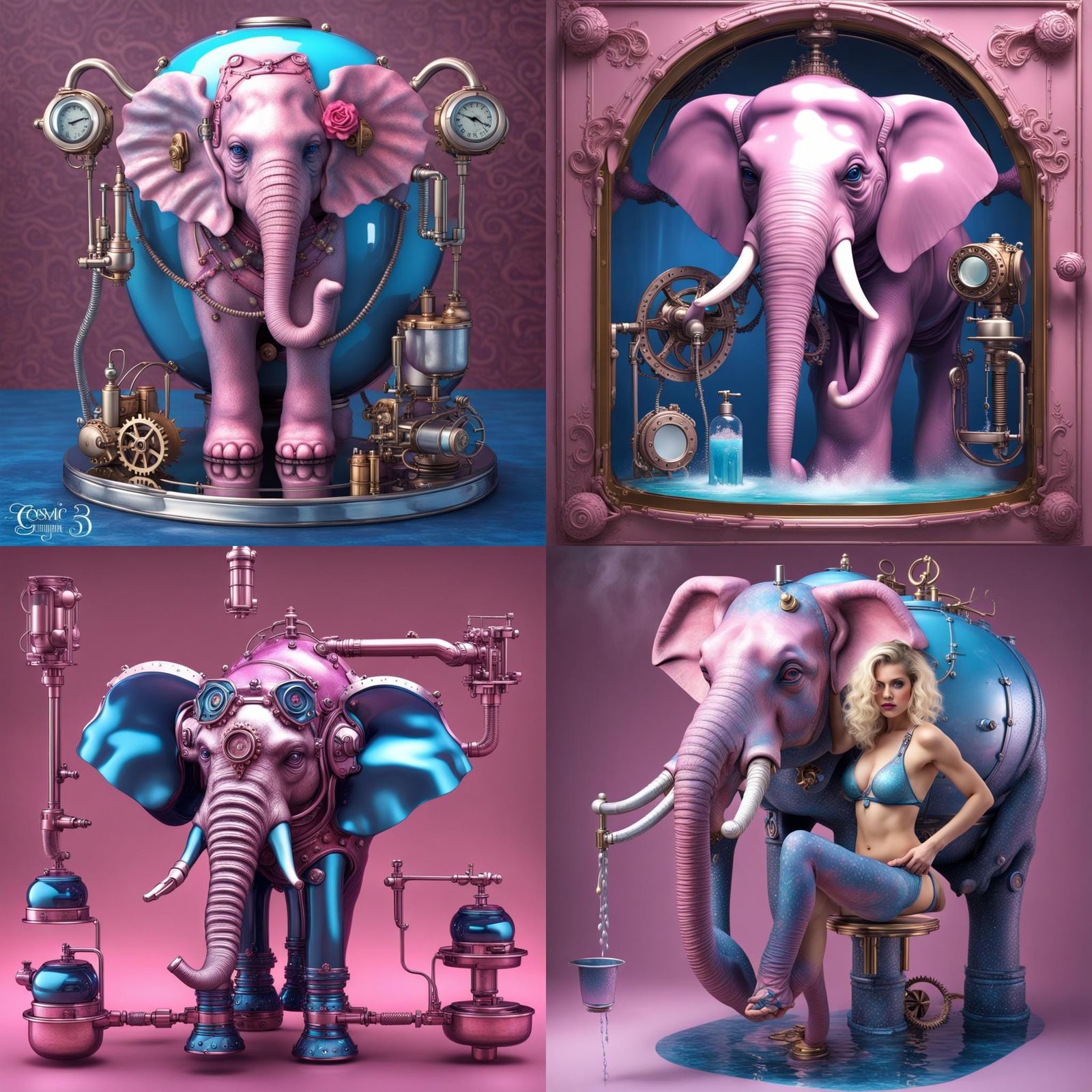 Elephant Showers Girl in Mirror, Steampunk Cosmic Style