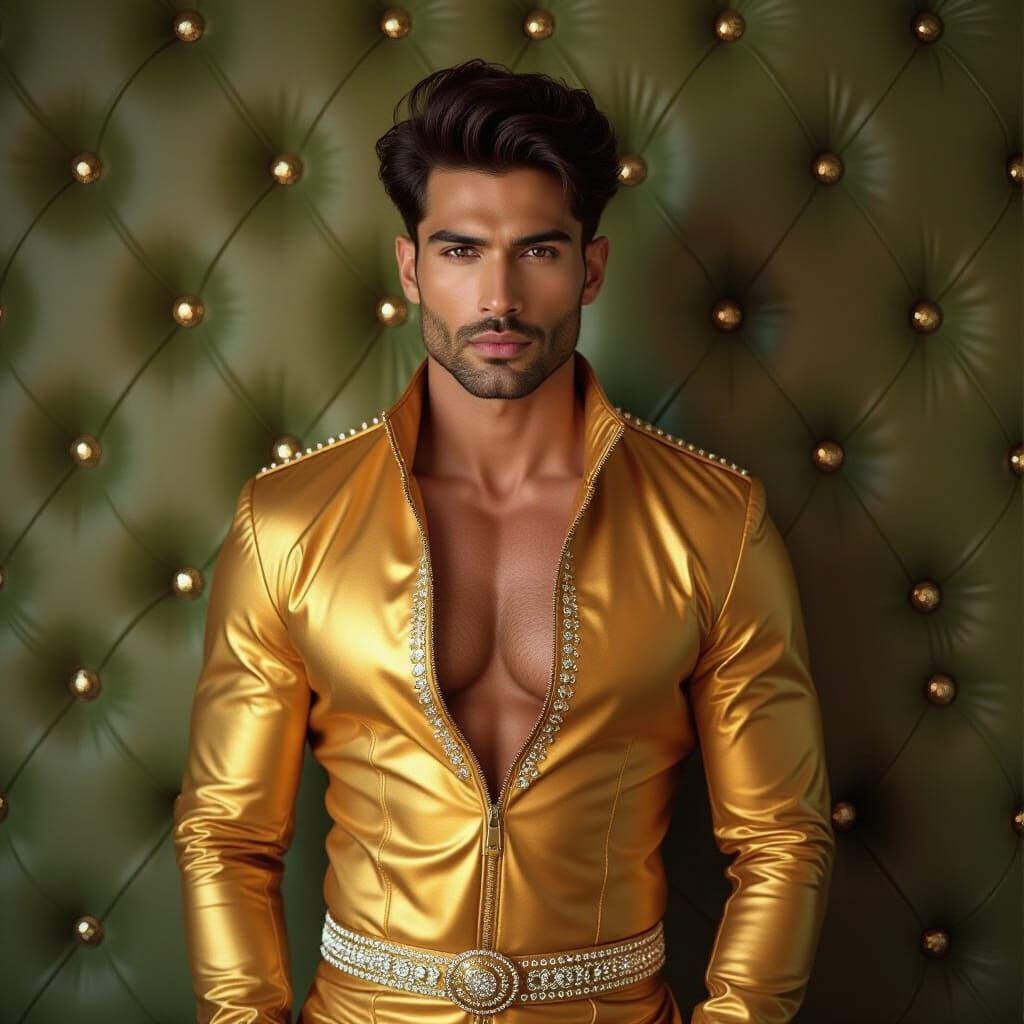 Photorealistic Image: Fair Indian Man in Golden Jumpsuit