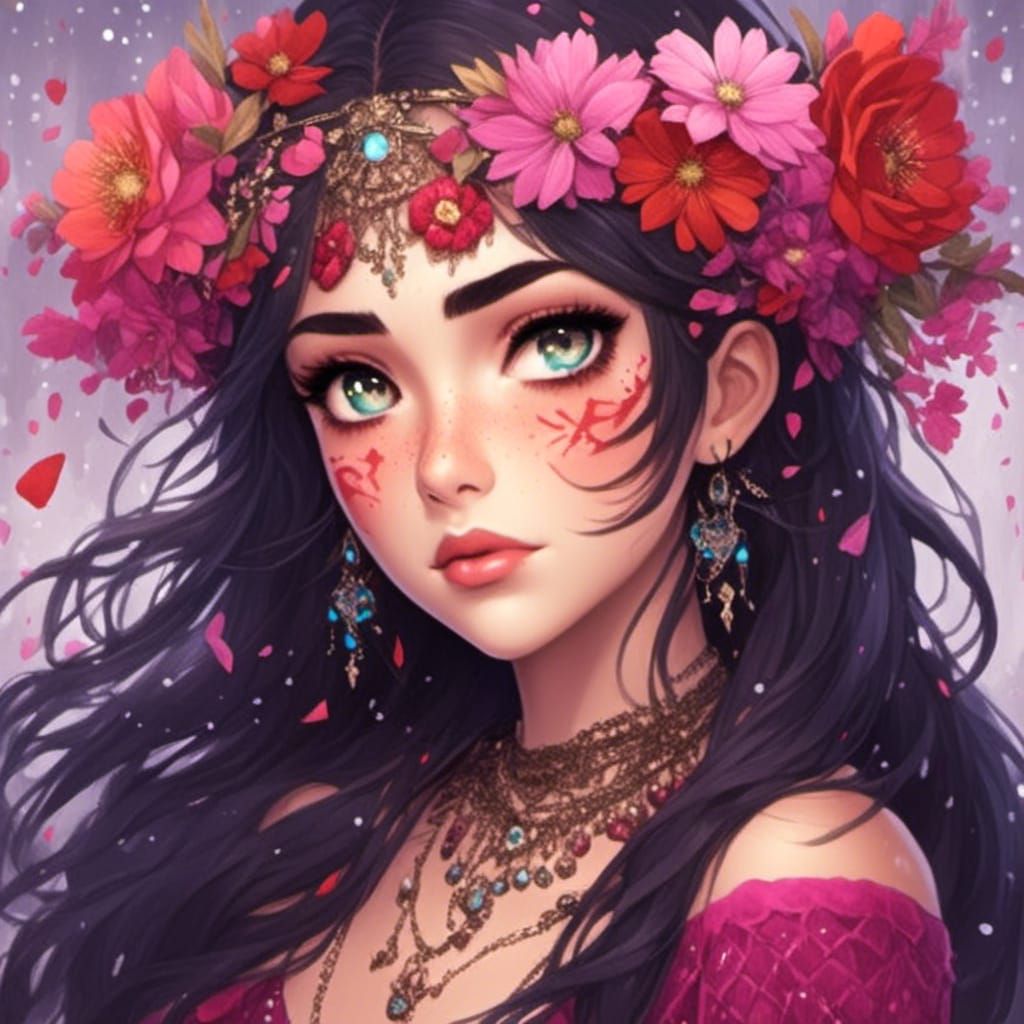 Bohemian Woman Strolls on Flower-Adorned Bridge