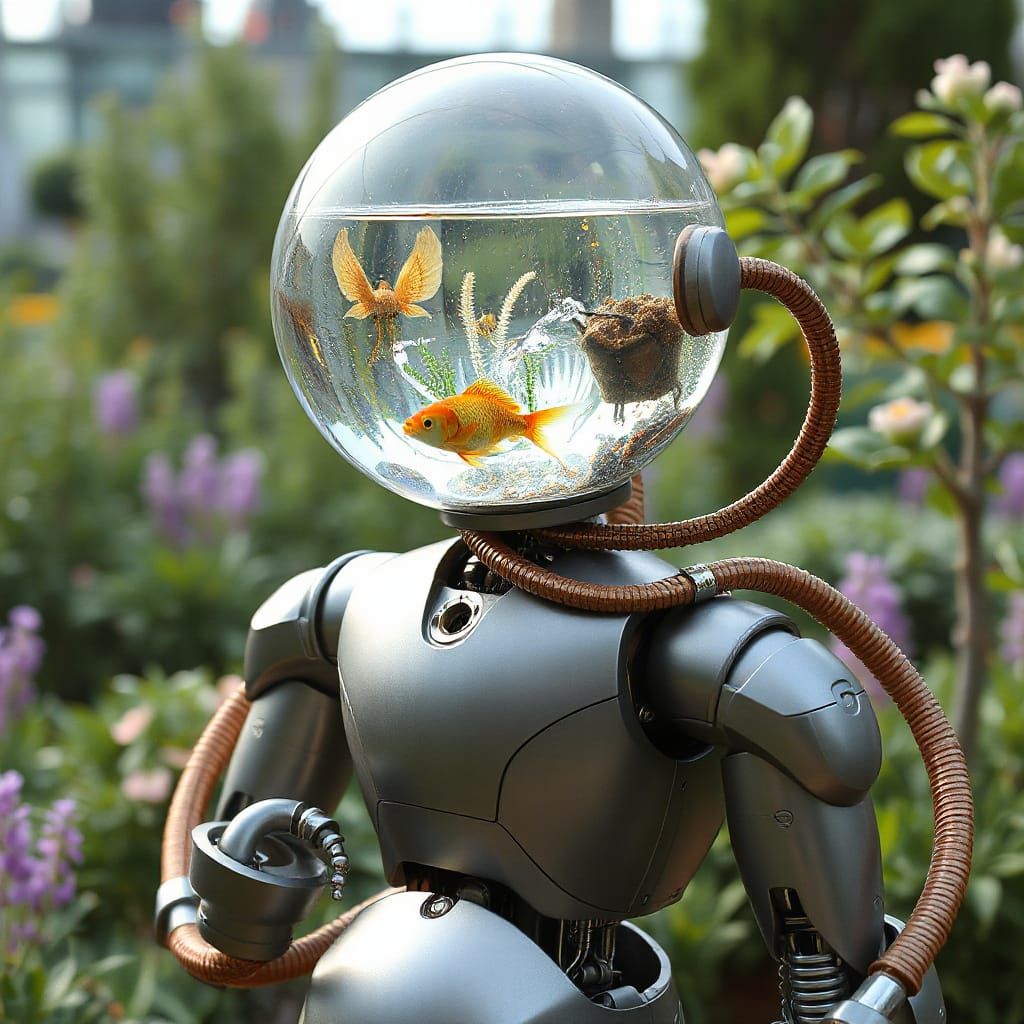Futuristic Robot in Garden with Aquatic Head