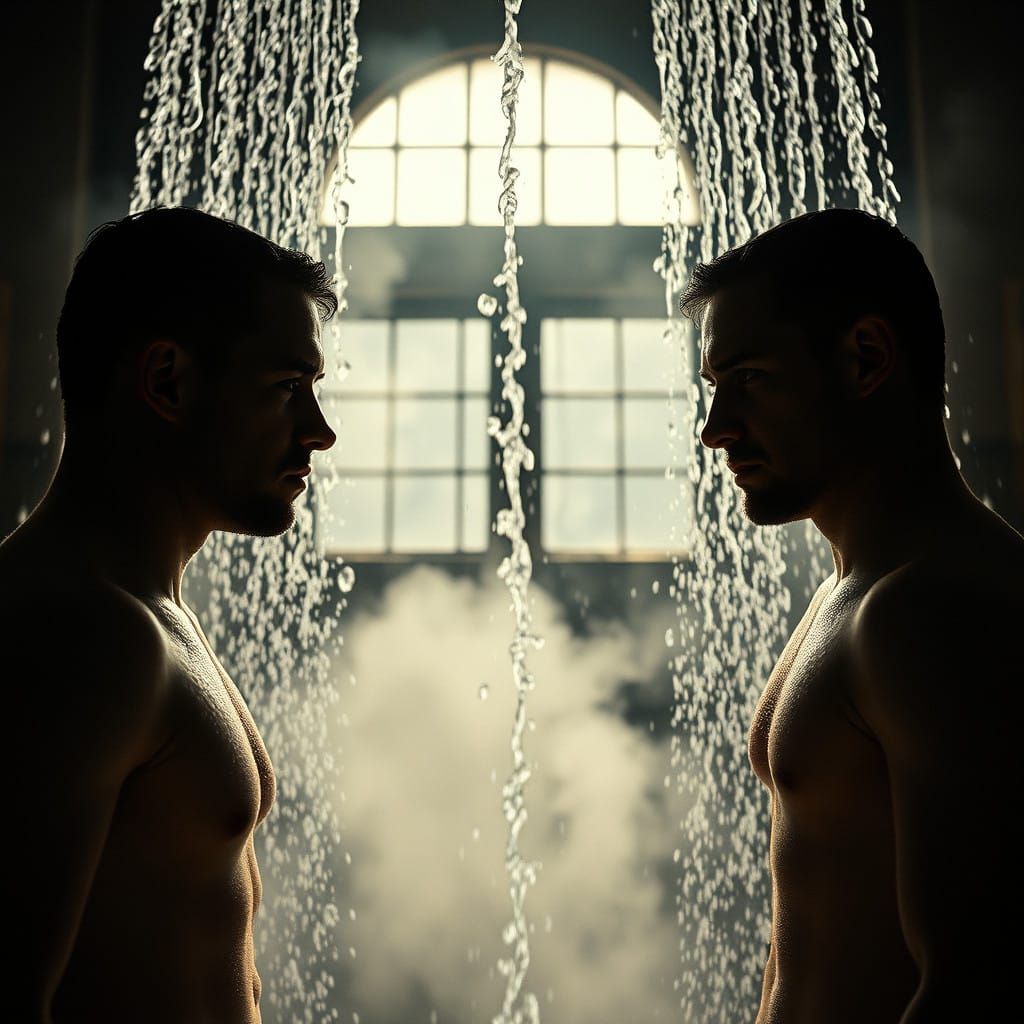 Tense Males Face Off in Steamy Industrial Shower