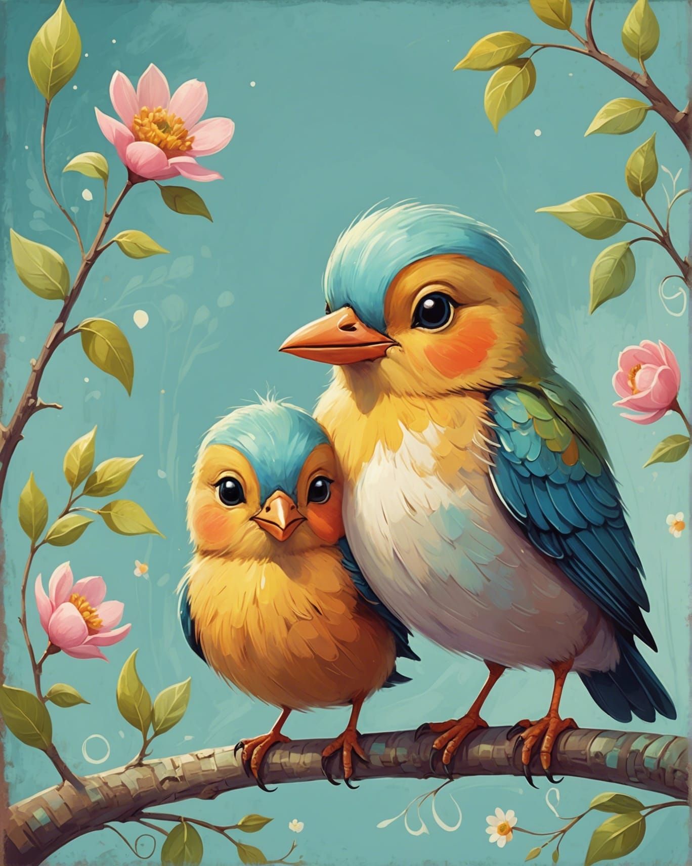 Adorable Mother and Baby Bird Naive Painting
