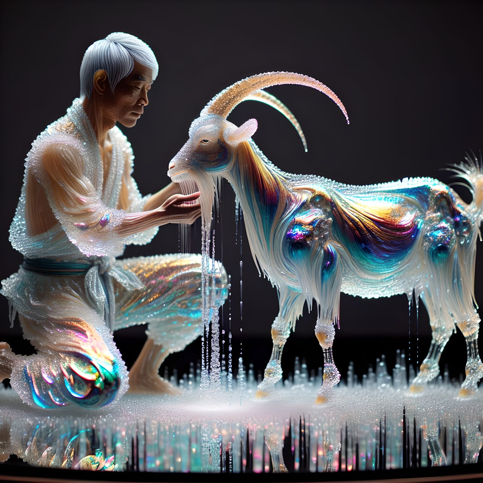 Translucent Water Man and Goat Hyperrealistic Artwork