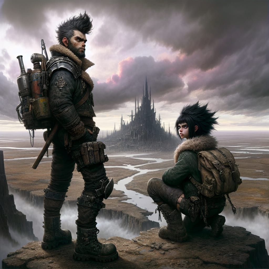 Steampunk Travelers Survey Barren Marshland at Dawn