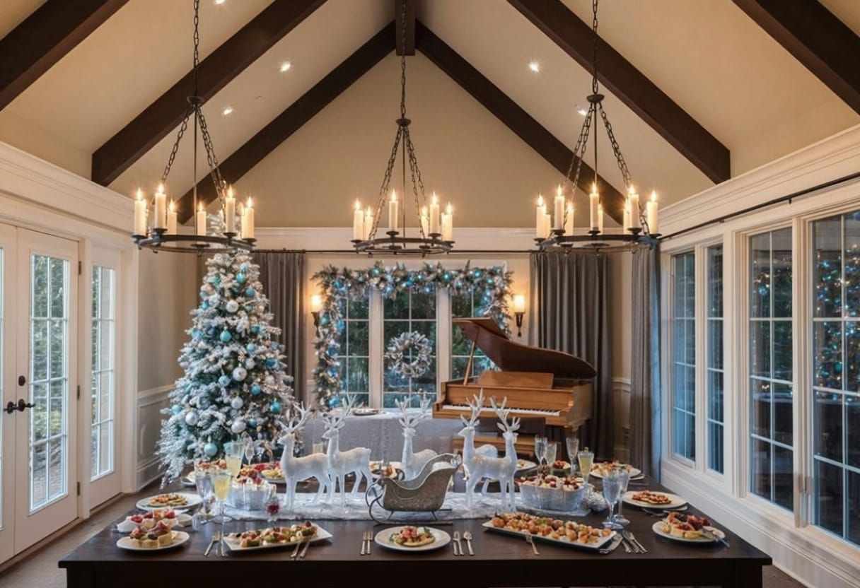 Christmas Dining Room with Vaulted Ceiling and Fairy Lights